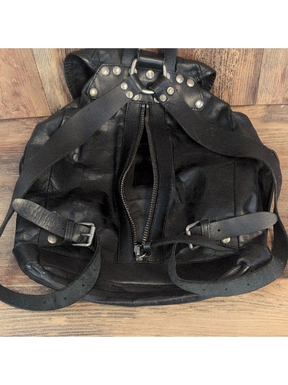 Frye Black Leather Buckled Zipper Back Vintage Rare Unisex Backpack -C192 - Picture 4 of 11